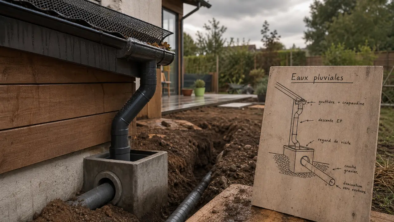 Évacuation eaux pluviales : gouttière et descente vers regard béton