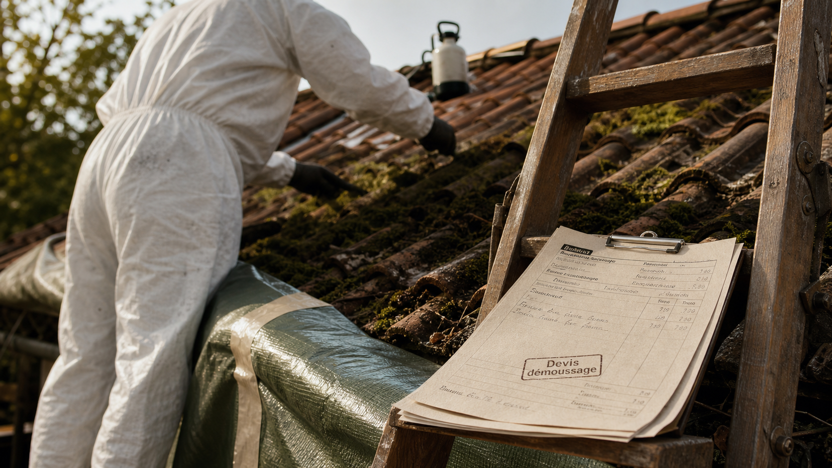 Exemple devis démoussage toiture : artisan bâche et devis ouvert