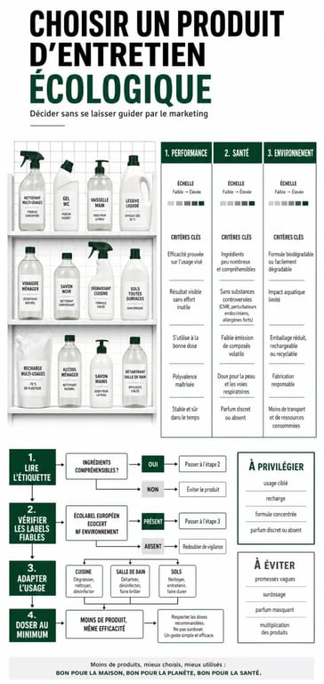 Comment choisir des produits d'entretien écologiques pour sa maison : schéma éditorial des critères de choix