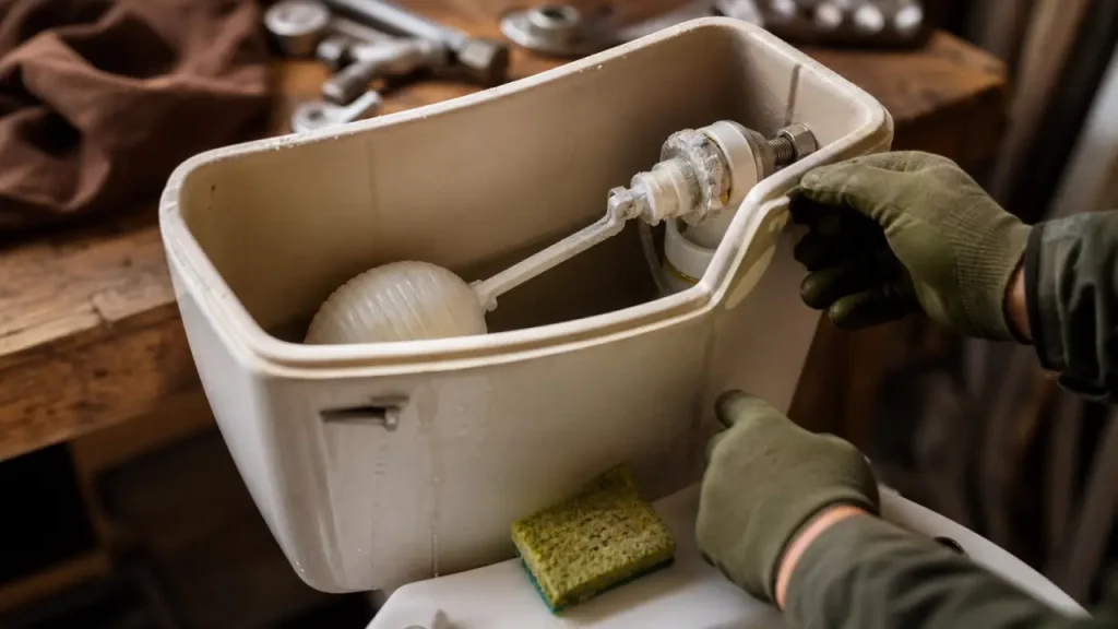 Fuite flotteur WC : technicien vérifie le flotteur et le robinet