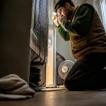 Fuite gaz frigo que faire : technicien vérifie un réfrigérateur