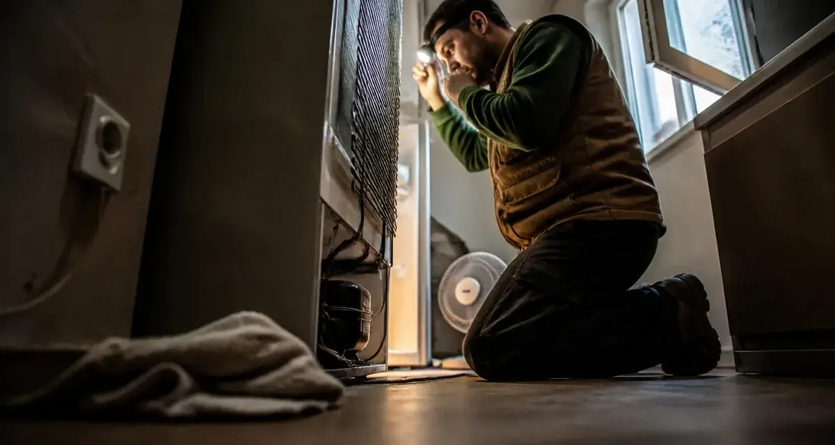 Fuite gaz frigo que faire : technicien vérifie un réfrigérateur