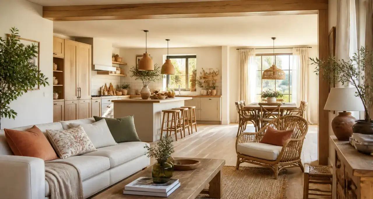 Intérieur de maison chaleureux et lumineux, séjour ouvert sur cuisine en bois clair avec plantes vertes