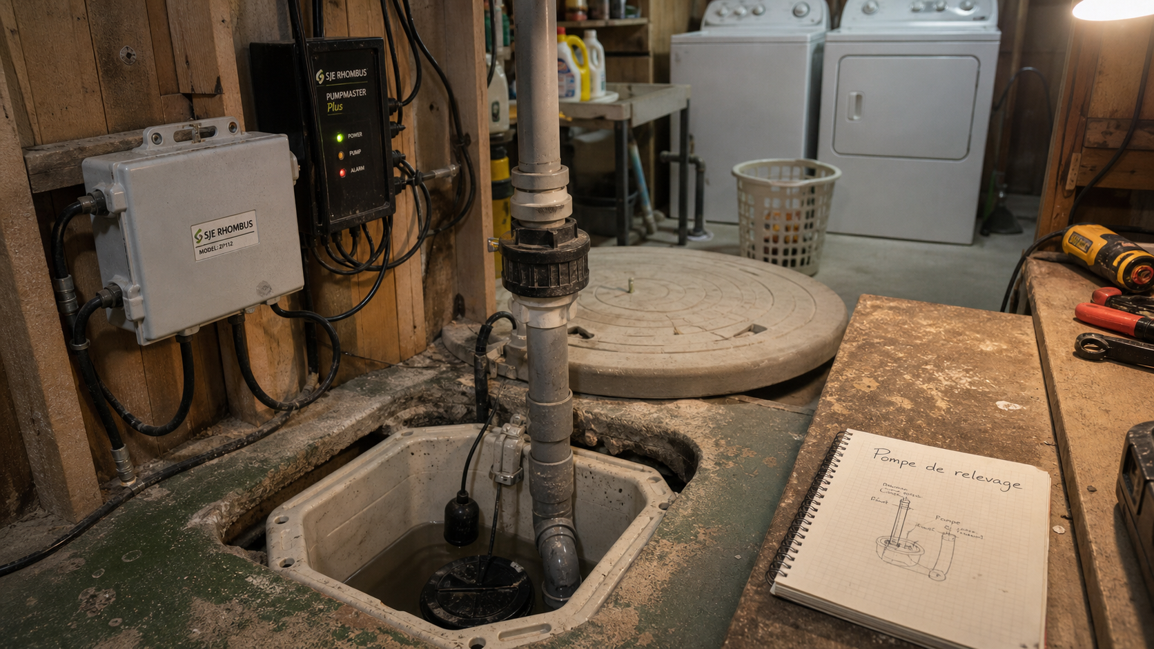 Installation de pompe de relevage : cuve, flotteur et clapet anti-retour en sous-sol