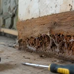 Mérule bois : bois friable et filaments blanchâtres au pied du mur