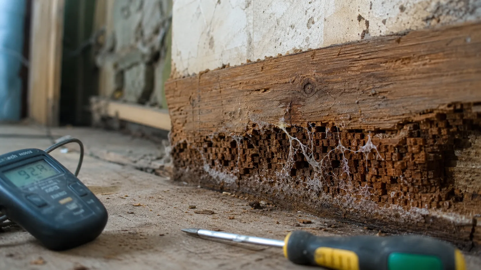 Mérule bois : bois friable et filaments blanchâtres au pied du mur