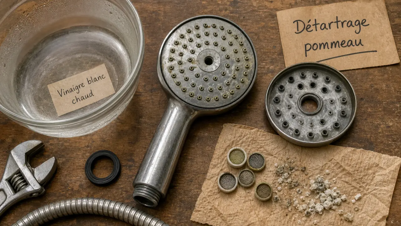 Pas de pression douche : pommeau démonté, détartrage au vinaigre