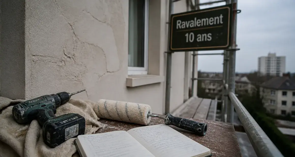 Ravalement de façade tous les combien : façade rénovée sur échafaudage, repère 10 ans