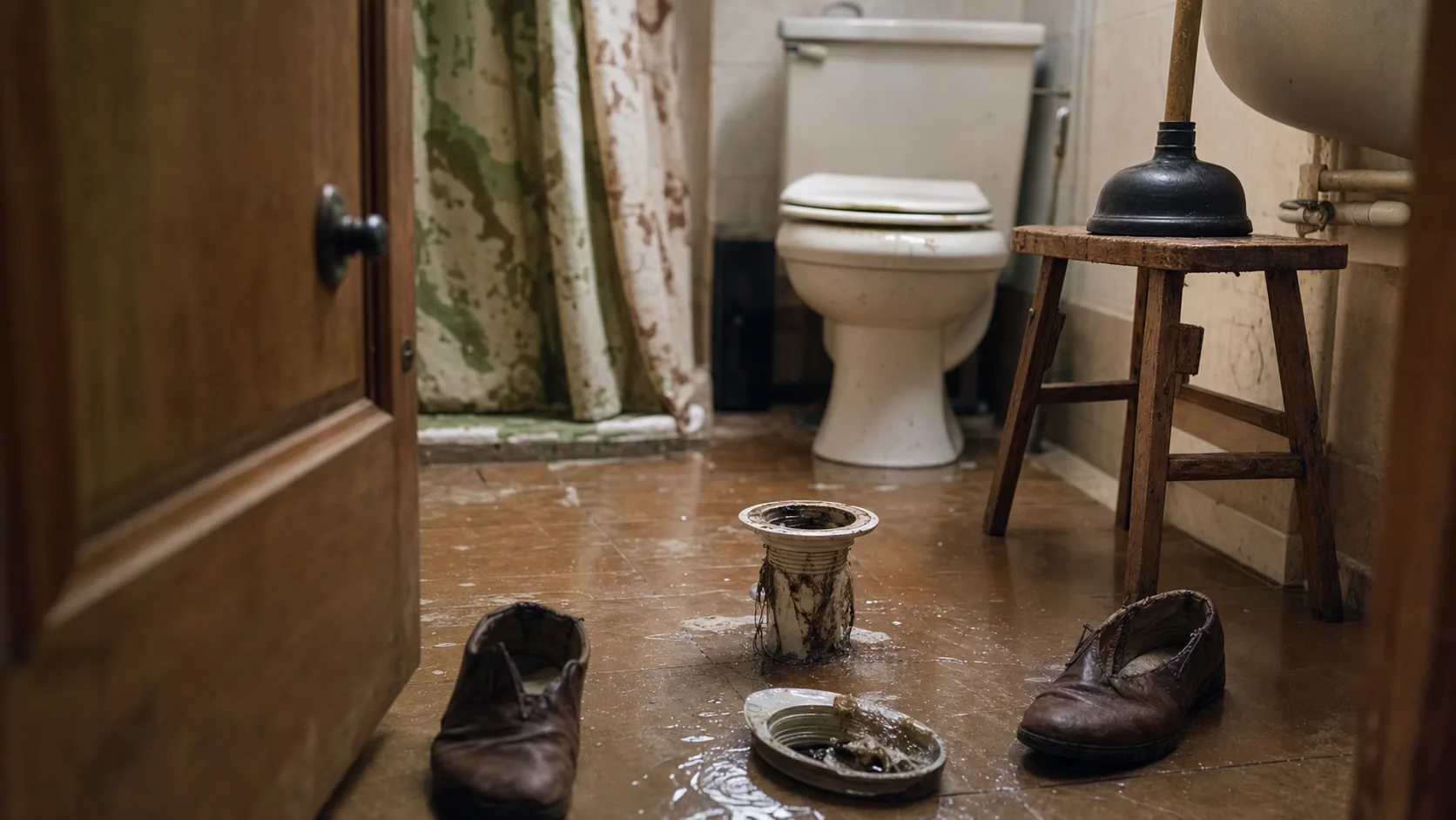 Refoulement canalisation : siphon de douche bouché et résidus visibles