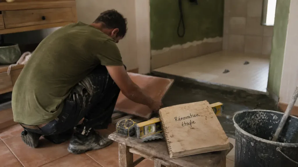Renover une salle de bain en chantier : ouvrier relève une plaque de carrelage