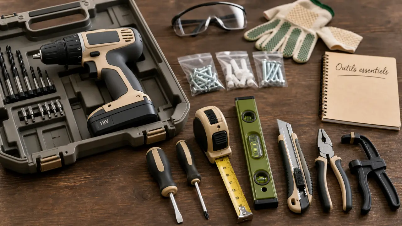 Outils bricolage essentiels : perceuse, tournevis, niveau, pinces, serre-joint