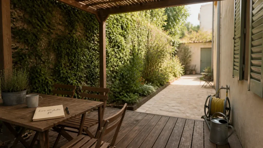 Aménagement du jardin photo : terrasse en bois, allée en pierre et mur végétal