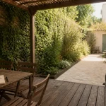 Aménagement du jardin photo : terrasse en bois, allée en pierre et mur végétal