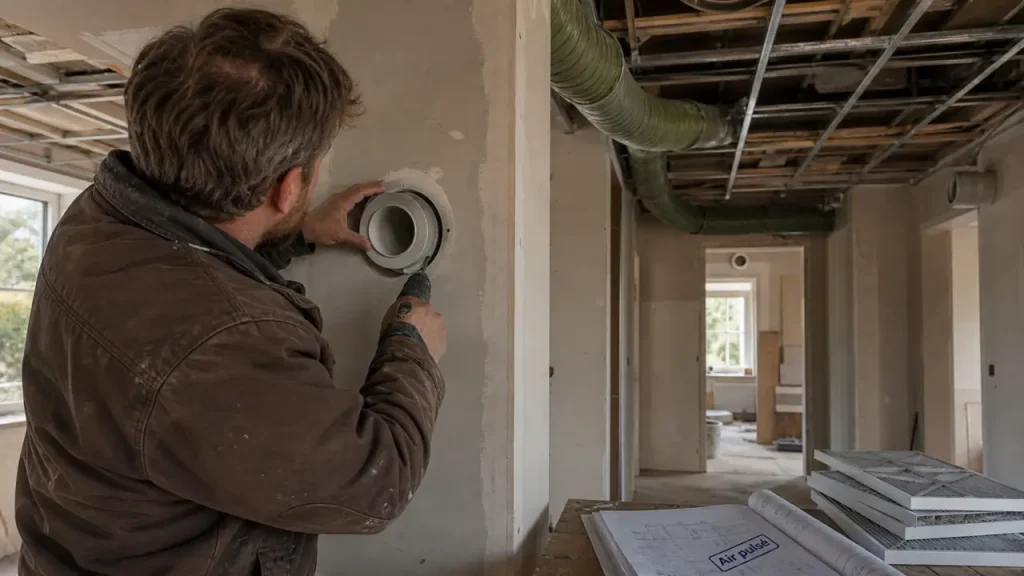 Chauffage à air pulsé pour maison : technicien installe des bouches d’insufflation
