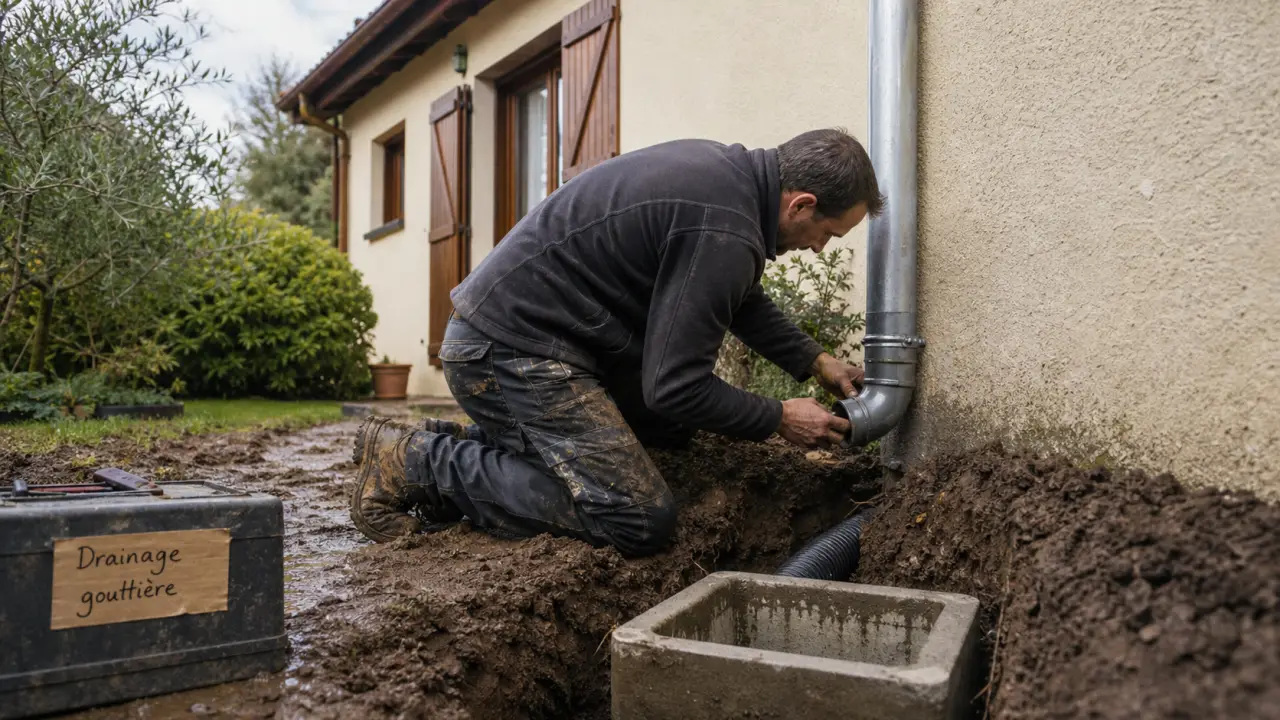 Drainage eau de pluie gouttière avec raccord étanche et tuyau semi-enterré
