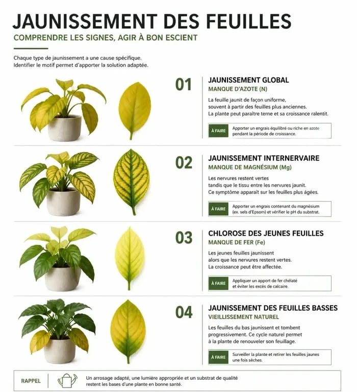 Guide visuel des causes de jaunissement des feuilles sur les plantes d'intérieur