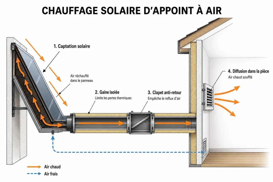 Schéma de fonctionnement d'un chauffage solaire d'appoint maison