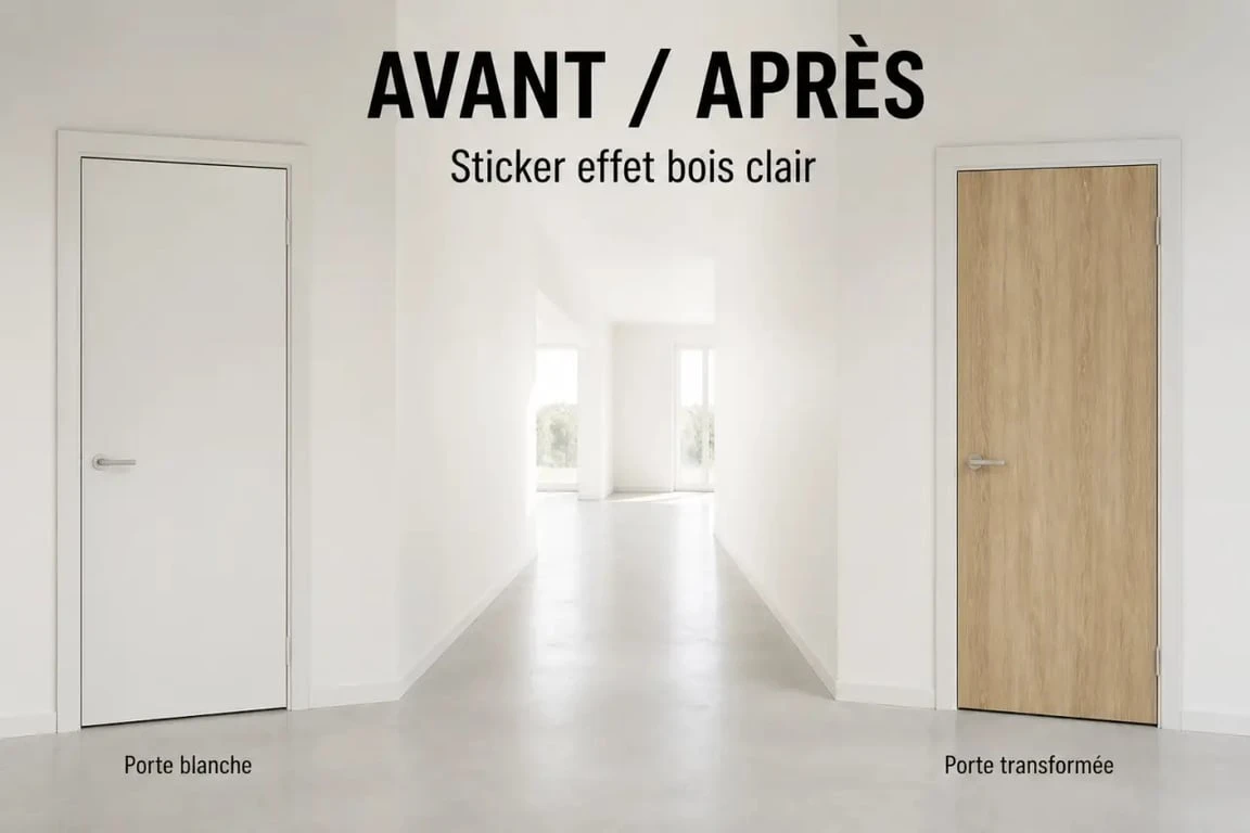 Décoration porte intérieure avant après avec sticker effet bois clair dans un couloir contemporain