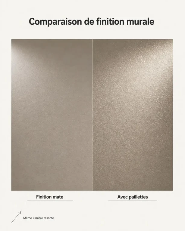Paillette pour peinture murale : comparaison d’un mur intérieur sans et avec scintillement sous lumière rasante