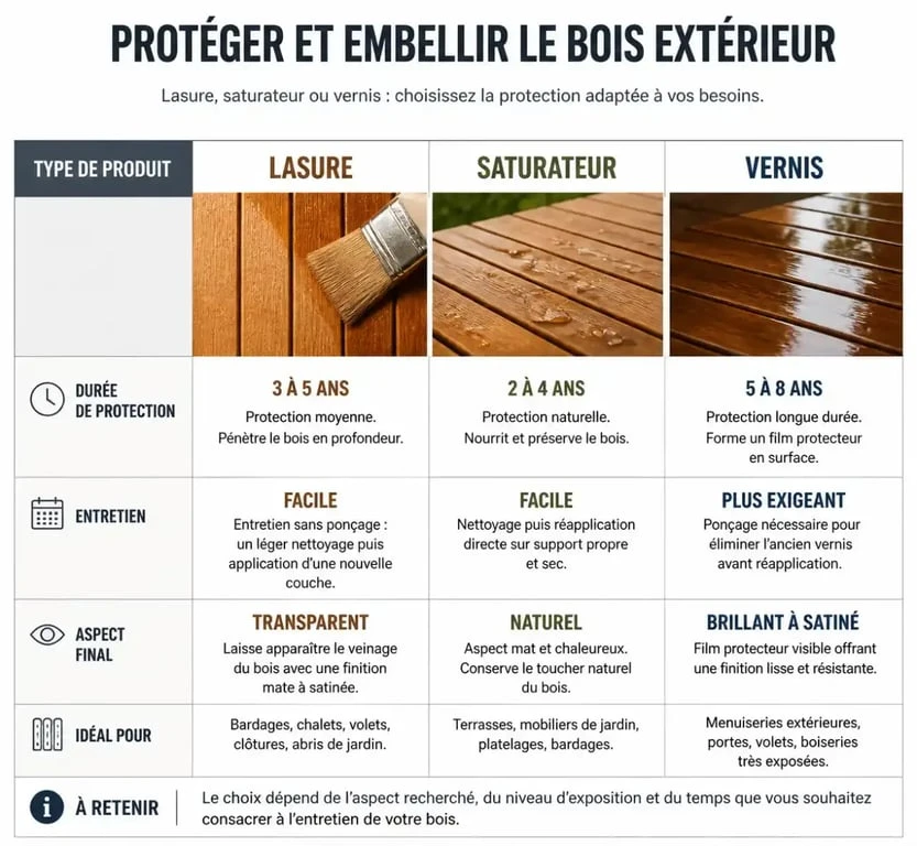 Tableau comparatif des produits d'entretien pour maison en bois : lasure, saturateur et vernis