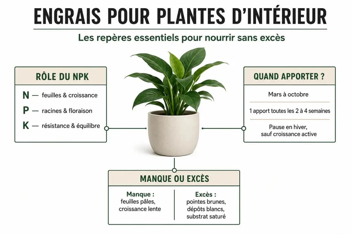 Infographie sur l'engrais plante verte : NPK, période d'apport et signes de carence ou de surdosage
