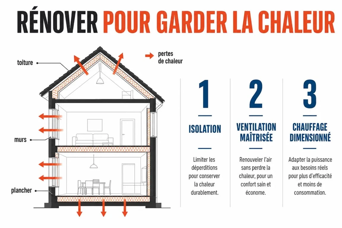Rénovation énergétique maison : schéma éditorial des pertes de chaleur et des étapes clés d'isolation, ventilation et chauffage