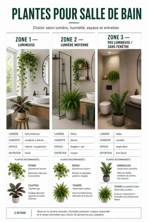 plante verte salle de bain : schéma des meilleurs emplacements selon la lumière et l’humidité