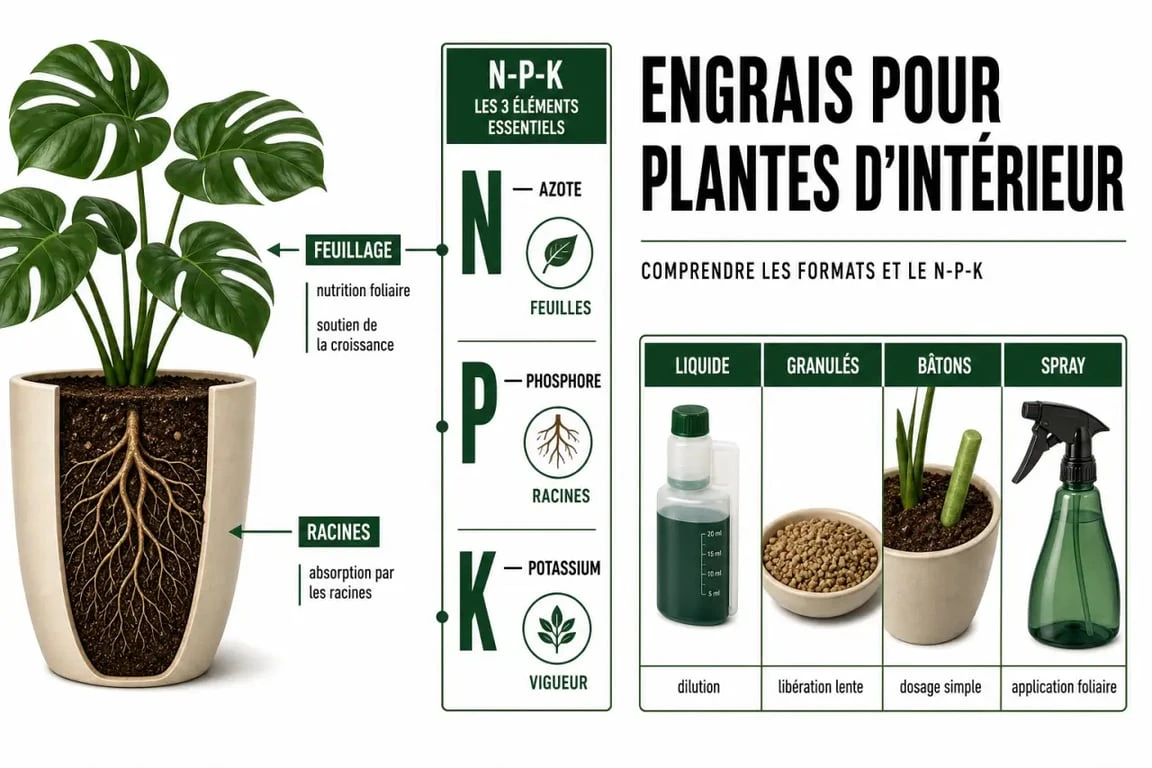 Infographie sur l'engrais plantes d intérieur : formats, N-P-K et conseils d'utilisation