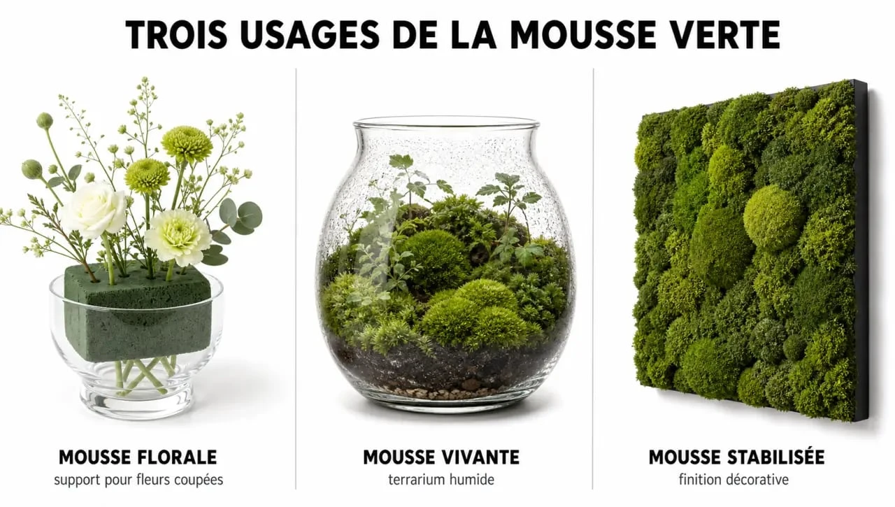 mousse verte plante : comparaison visuelle entre mousse florale, mousse vivante et mousse décorative