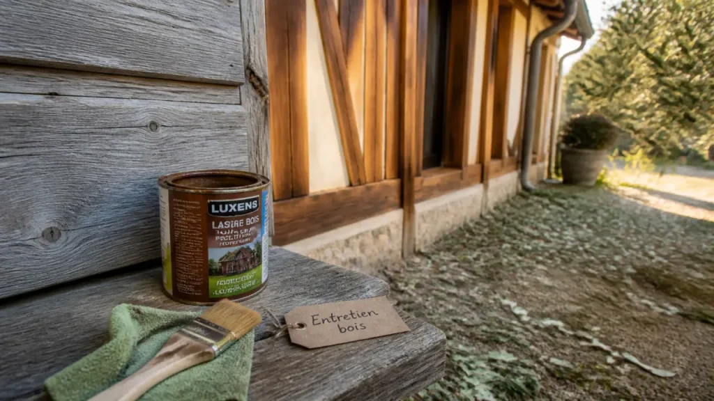 Maison en bois entretien : bardage grisé, pot de lasure et pinceau