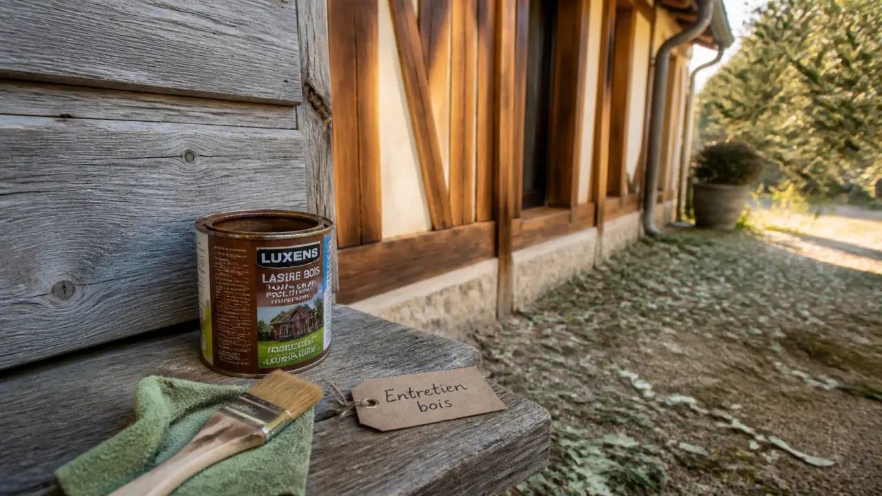 Maison en bois entretien : bardage grisé, pot de lasure et pinceau