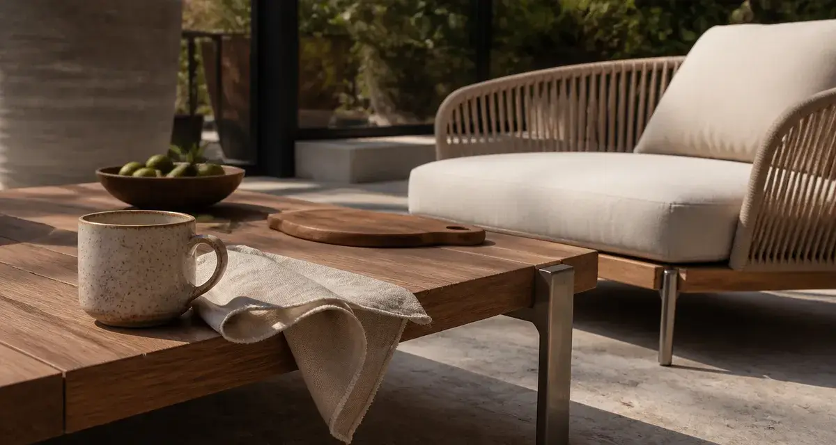 Mobilier de jardin haut de gamme contemporain : table teck FSC, aluminium brossé et fauteuil en corde tressée