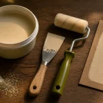 Paillette pour peinture murale sur dernière couche : bac beige, rouleau et échantillon de mur