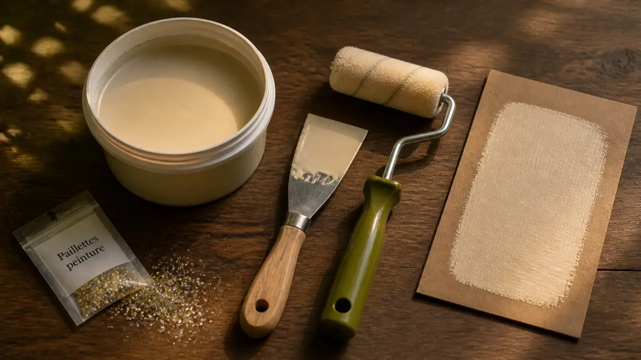 Paillette pour peinture murale sur dernière couche : bac beige, rouleau et échantillon de mur