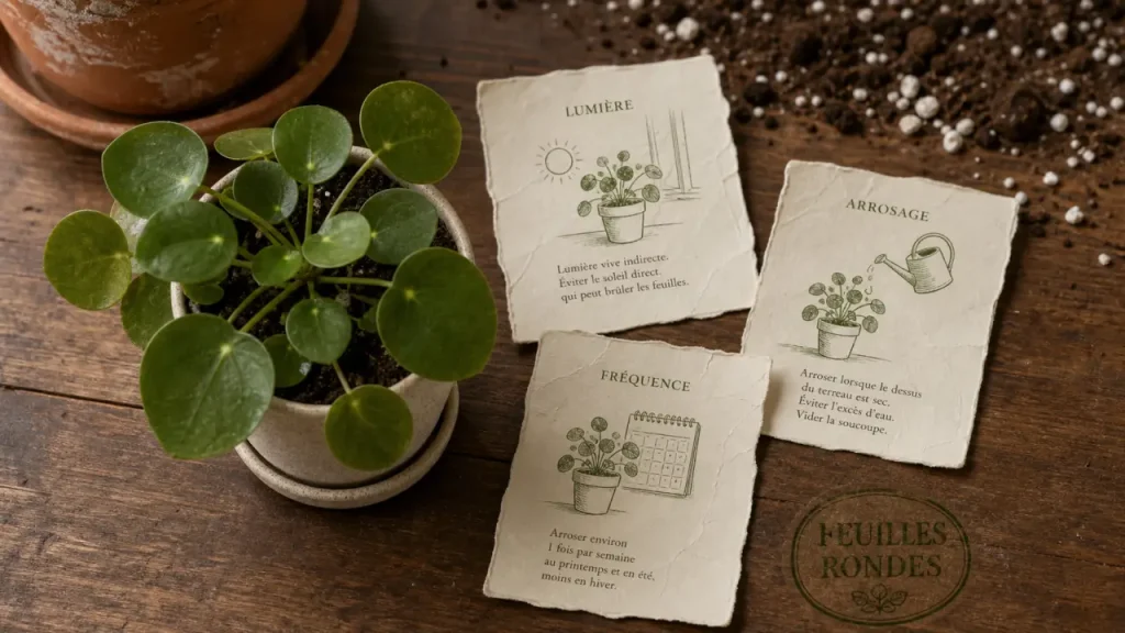 Plante verte feuille ronde (Pilea, Peperomia ou Dischidia) en pot