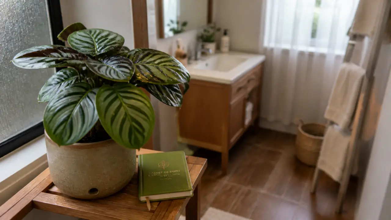 Plante verte salle de bain : calathea près de la fenêtre, feuilles vertes