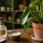 Pourquoi mettre du lait dans les plantes d intérieur : lait et plante en pot sur table bois
