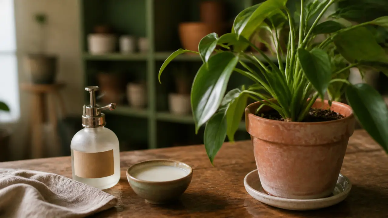 Pourquoi mettre du lait dans les plantes d intérieur : lait et plante en pot sur table bois