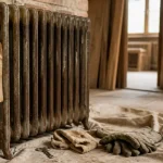 Radiateur fonte contre mur briques anciennes, poids 100 kg, à prendre avec prudence