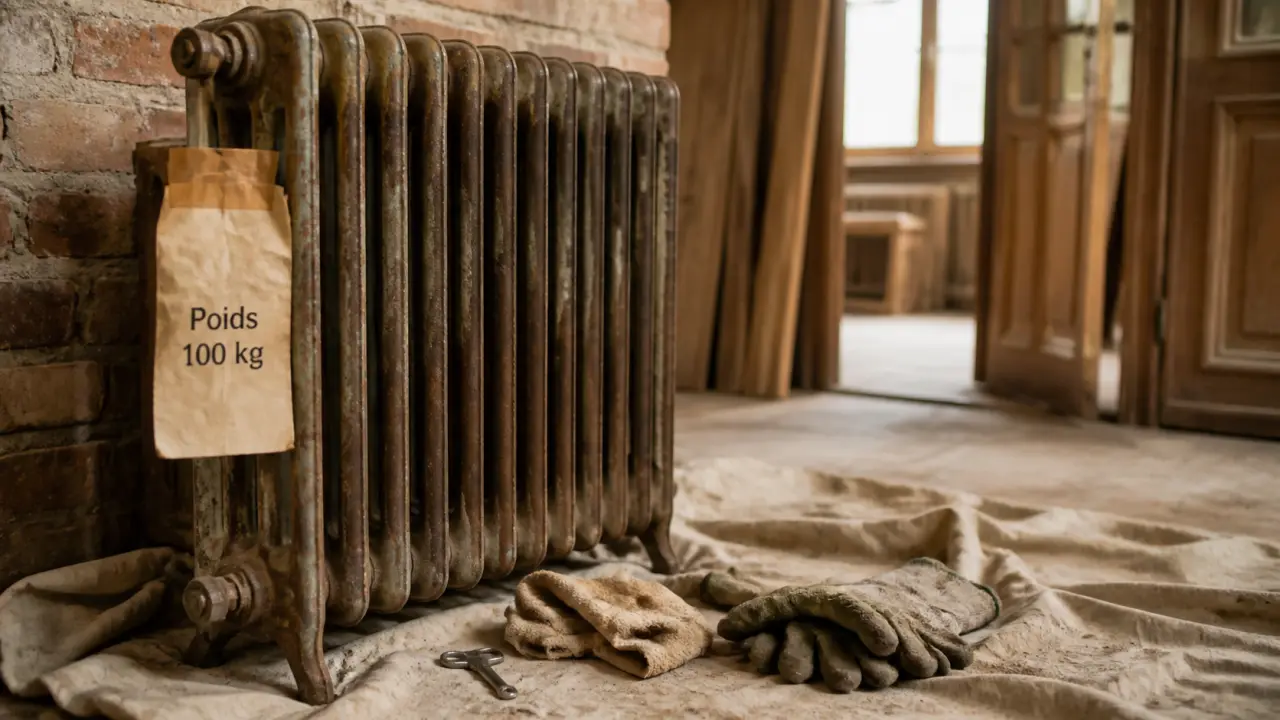 Radiateur fonte contre mur briques anciennes, poids 100 kg, à prendre avec prudence