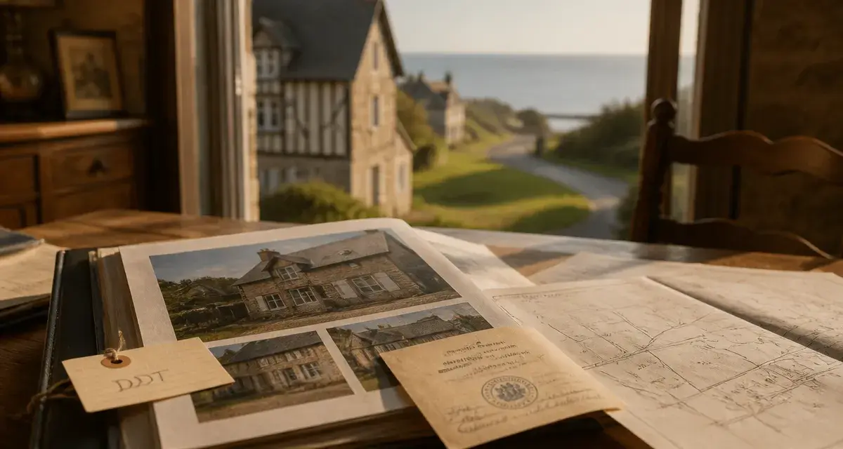 Achat maison Calvados : dossier de vente et plan cadastral sur table