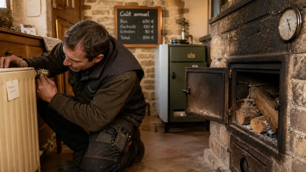 Chauffage le plus économique maison ancienne : bois, PAC ou gaz, technicien inspectant une installation