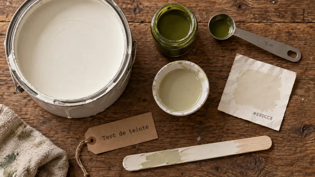 Colorant pour peinture murale : test de teinte, seau et colorant sur table