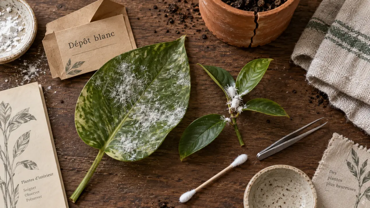 Dépôt blanc sur plante verte : oïdium ou cochenilles (dépôt poudreux et coton)