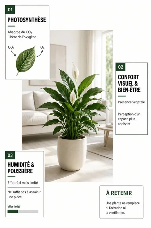 Rôle plante verte en intérieur : infographie sur la photosynthèse, le bien-être et les limites des plantes dépolluantes