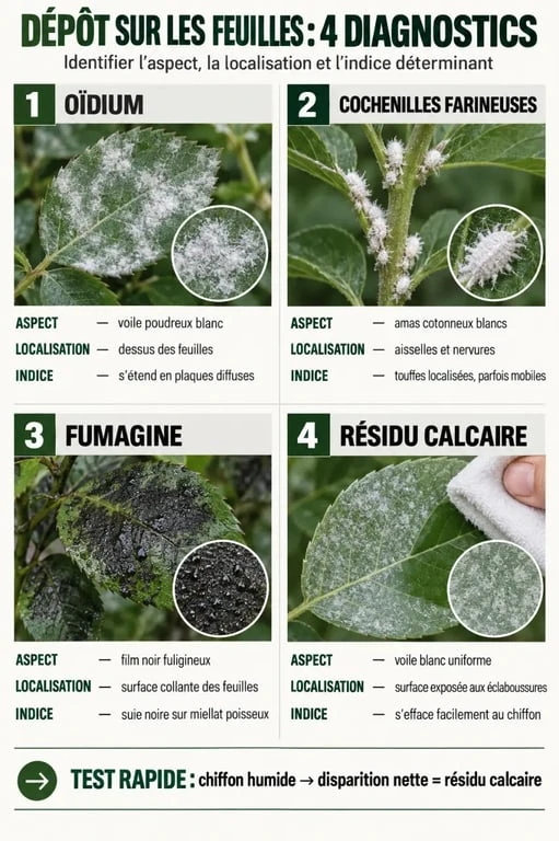 Dépôt blanc sur plante verte : différences entre oïdium, cochenilles farineuses et résidu calcaire