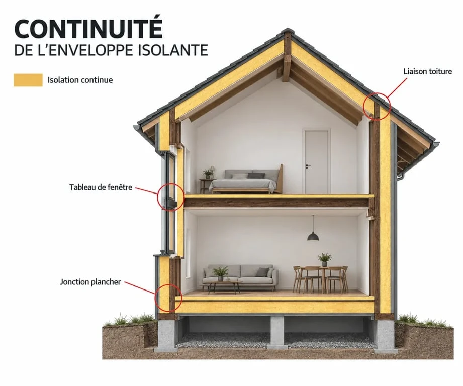 Schéma de continuité de l’isolation d’une maison ossature bois entre murs, toiture et plancher