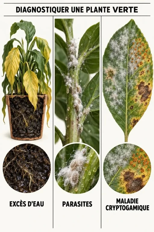 Infographie pour reconnaître une maladie plante verte selon les symptômes visibles