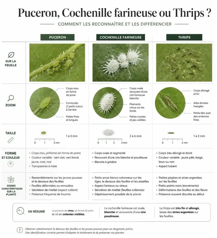 Infographie comparative pour identifier le puceron blanc et autres parasites sur plante verte