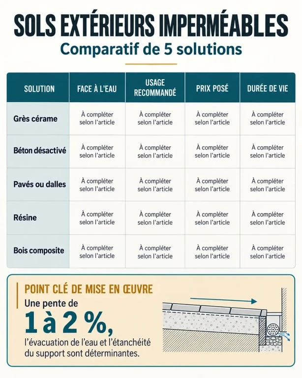 Infographie comparative des revêtements de sol extérieur imperméable et de leur résistance à l'eau